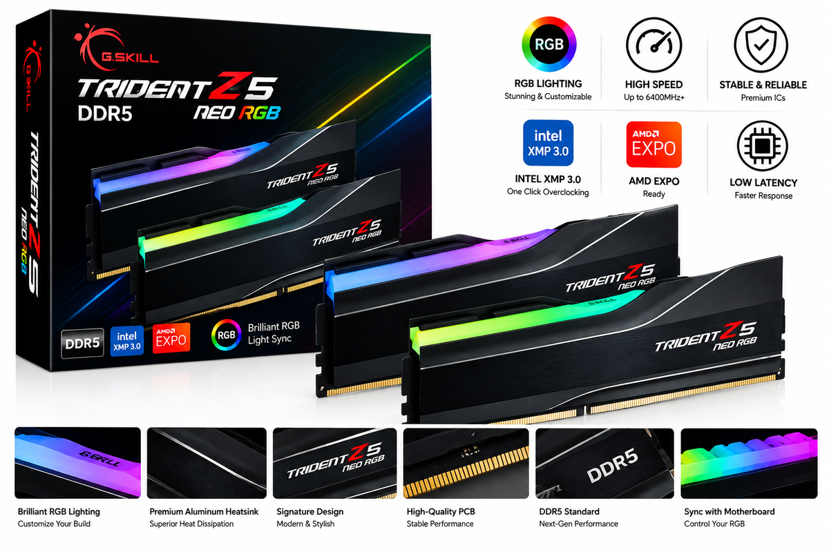 G.SKILL Trident Z5 Neo RGB 32GB (2x16GB) 6000MHz DDR5 DRAM Desktop Memory