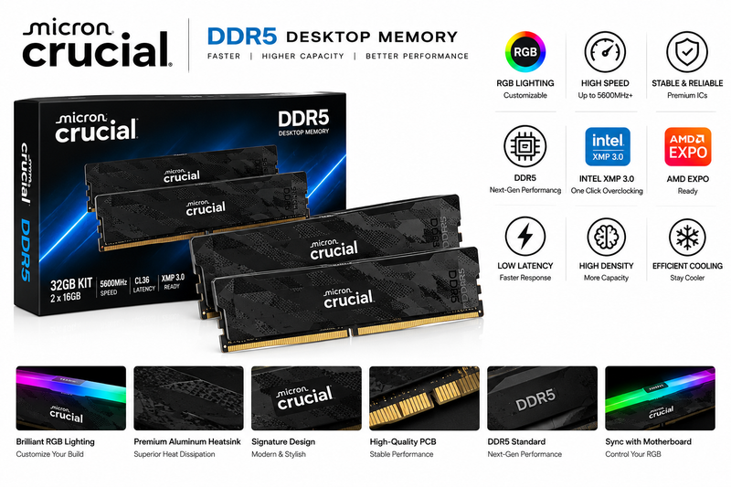 Crucial Pro OC 32GB (2x16GB) 6400MHz CL32 DDR5 Desktop Memory